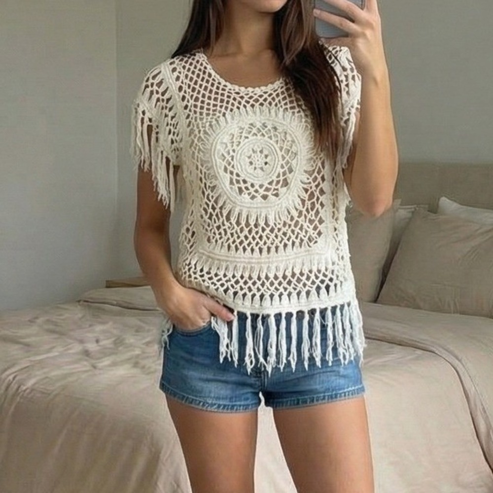Womens Crochet Fringe Top Small Cream Festival Boho Hippie Coastal Western Beach